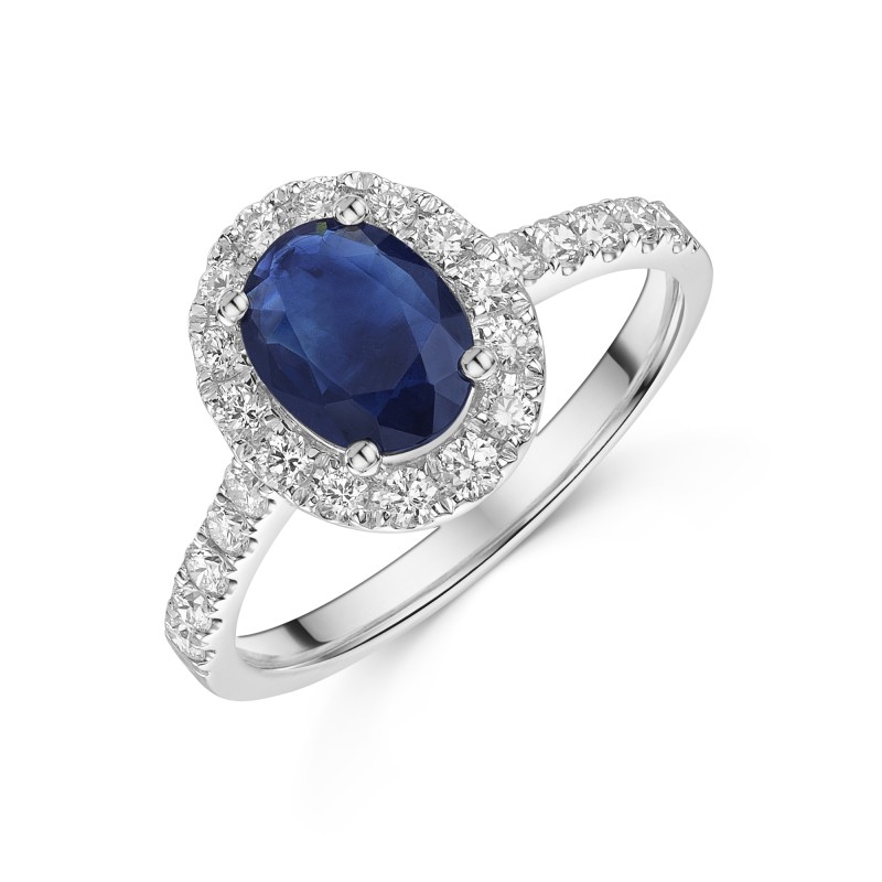 18ct White Gold Oval Cut 1.40ct Sapphire Halo Ring with Diamond Shoulders