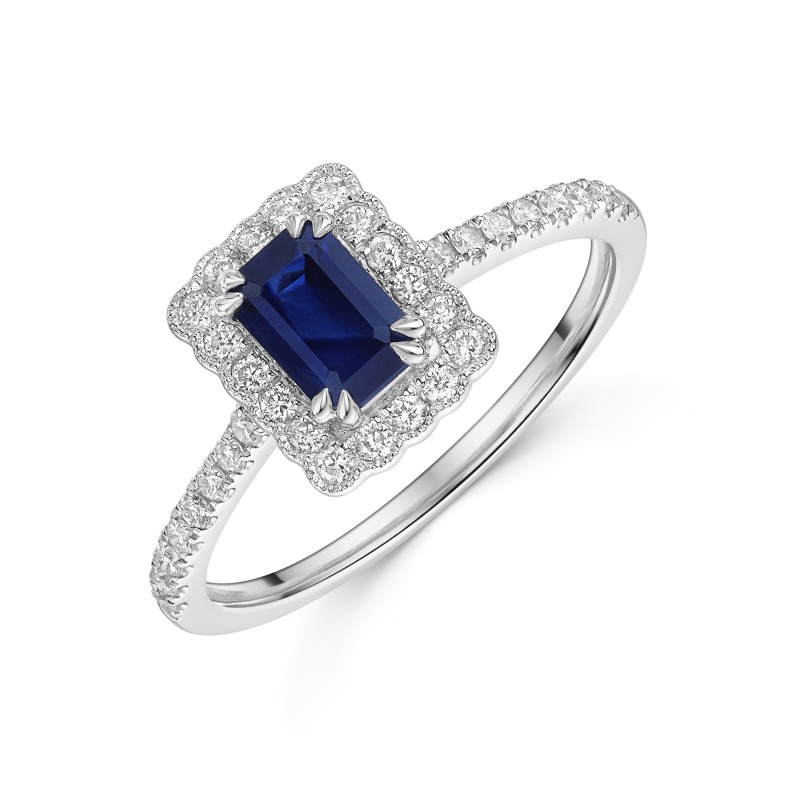 18ct White Gold Octagonal Cut 0.70ct Sapphire Halo Ring with Diamond Shoulders