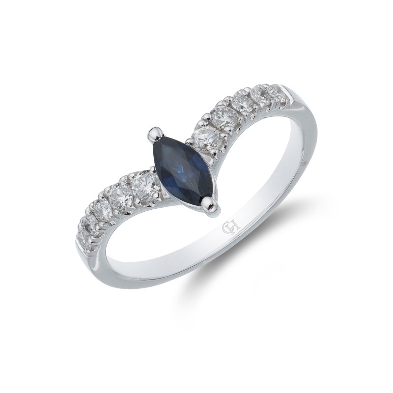 9ct White Gold Marquise Cut 0.31ct Diamond and Sapphire Ring