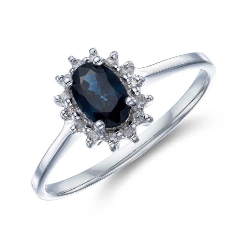 9ct White Gold 0.50ct Oval Sapphire and 0.05ct Diamond Cluster Ring