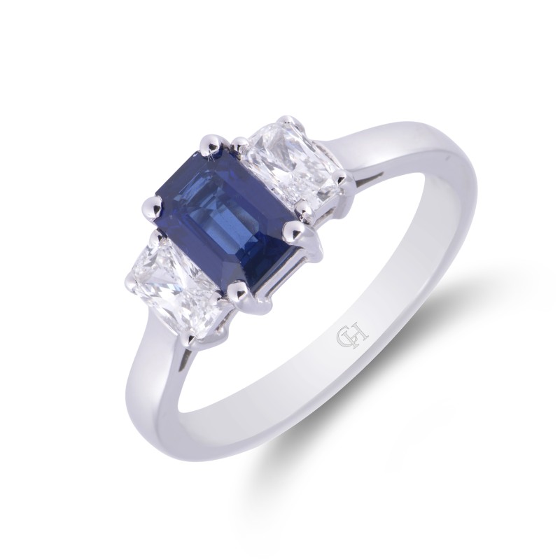 18ct white gold 1.12ct octagonal sapphire and 0.64ct radiant cut  diamond 4 claw 3 stone ring
