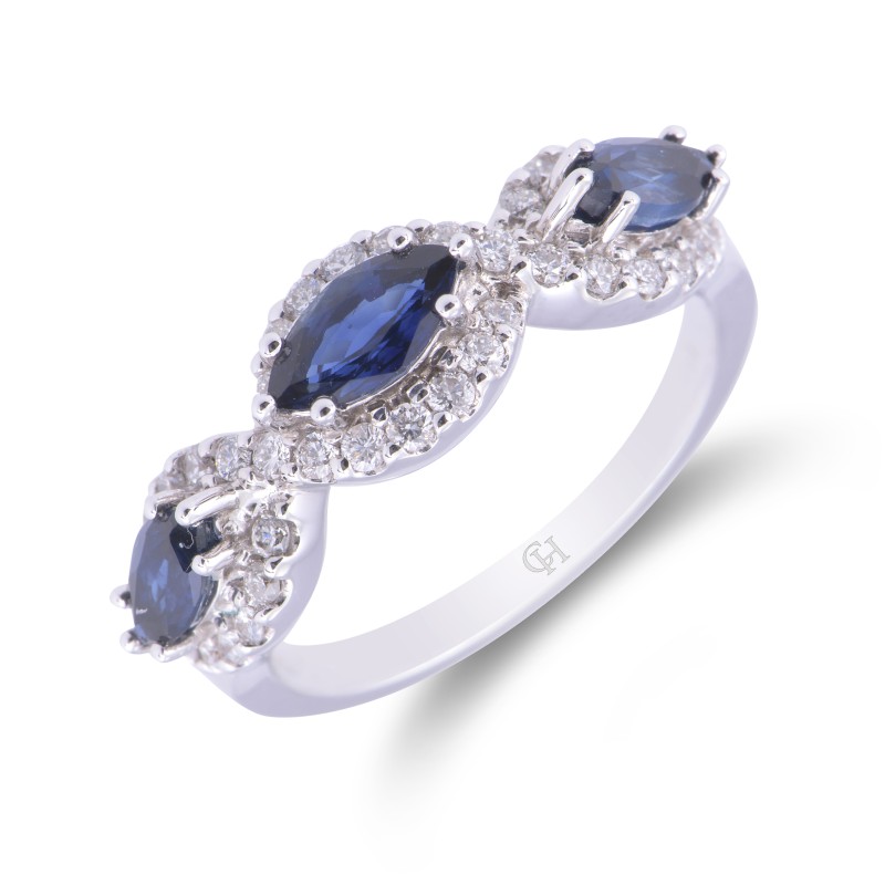 18ct White Gold 3 Stone Oval Sapphire 1.27ct And Diamond 0.40ct Ring