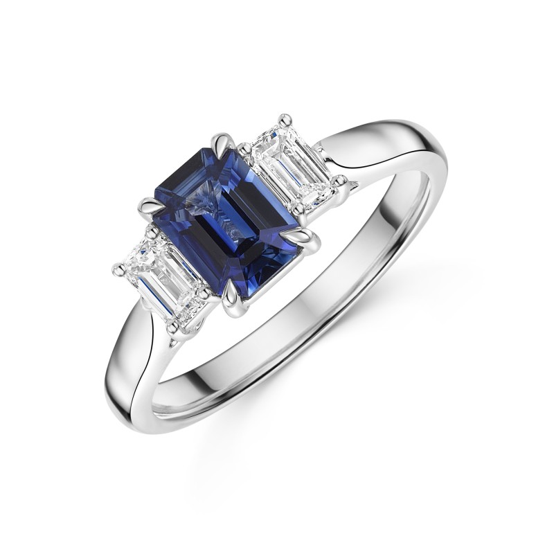18ct White Gold Octagonal 1.33ct Sapphire and Diamond Three Stone Ring