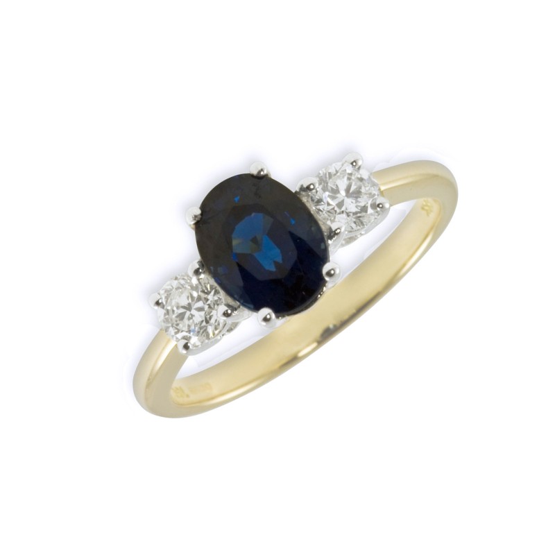 18ct Yellow Gold Oval Cut Sapphire and Brilliant Cut Diamond 1.94ct Three Stone Ring