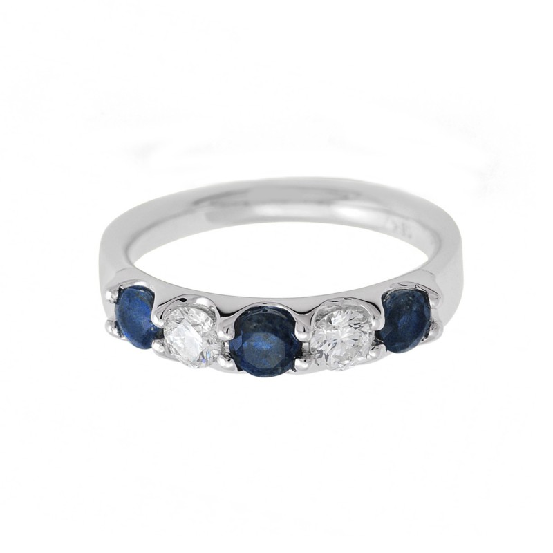 18Ct White Gals Round Brilliant 080Ct Sapphire And 0.40Ct Diamond Five Stone Y Ring