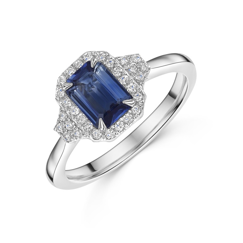 Platinum Emerald Cut 1.18ct Blue Sapphire with Diamond Halo Cluster Ring