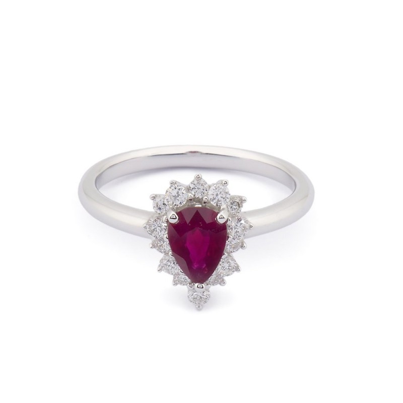 18ct White Gold 0.73ct Pear Shape Ruby and 0.29ct Round Brilliant Diamond Cluster Ring