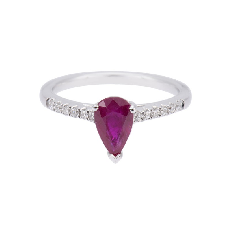 18ct White Gold 1.06ct Pear Shape Ruby and 0.15ct Diamond Cluster Ring