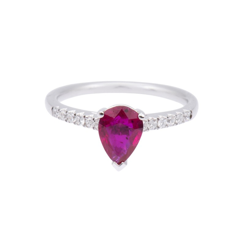 18ct White Gold 1.25ct Pear Shape Ruby and 0.15ct Diamond Cluster Ring