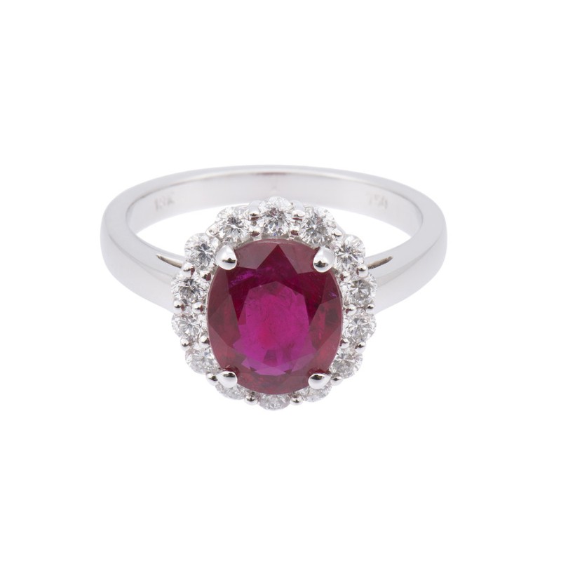 18ct White Gold 2.40ct Oval Cut Ruby and 0.36ct Diamond Shoulders Ring