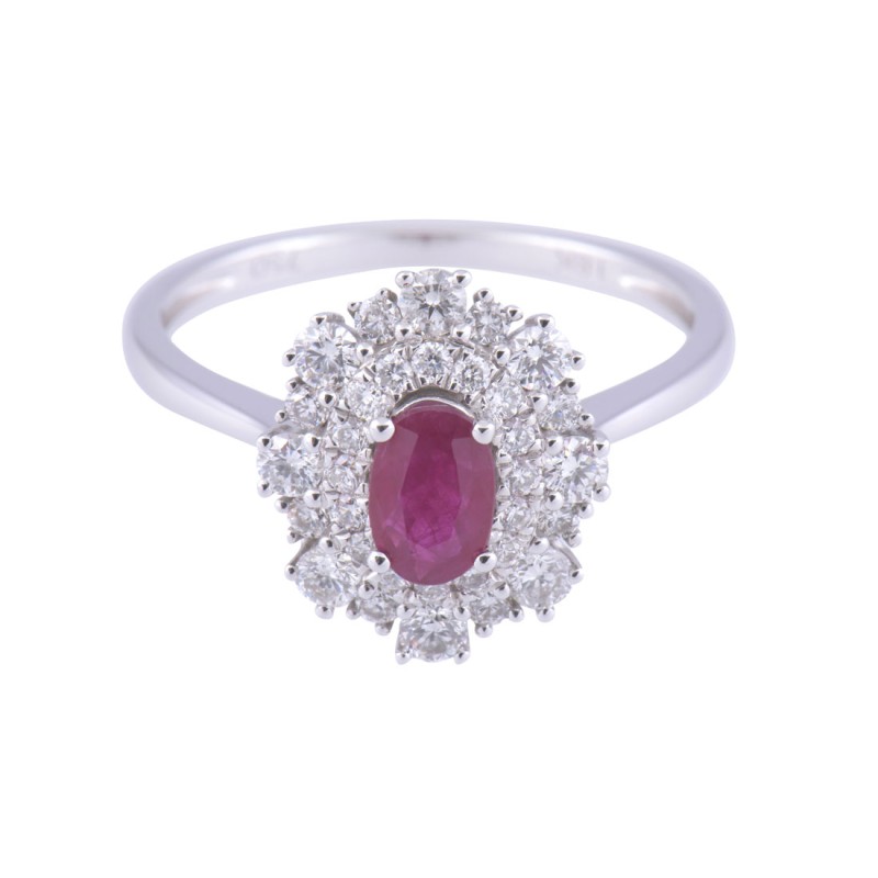18ct White Gold 0.56ct Oval Ruby and 0.51ct Diamond Cluster
