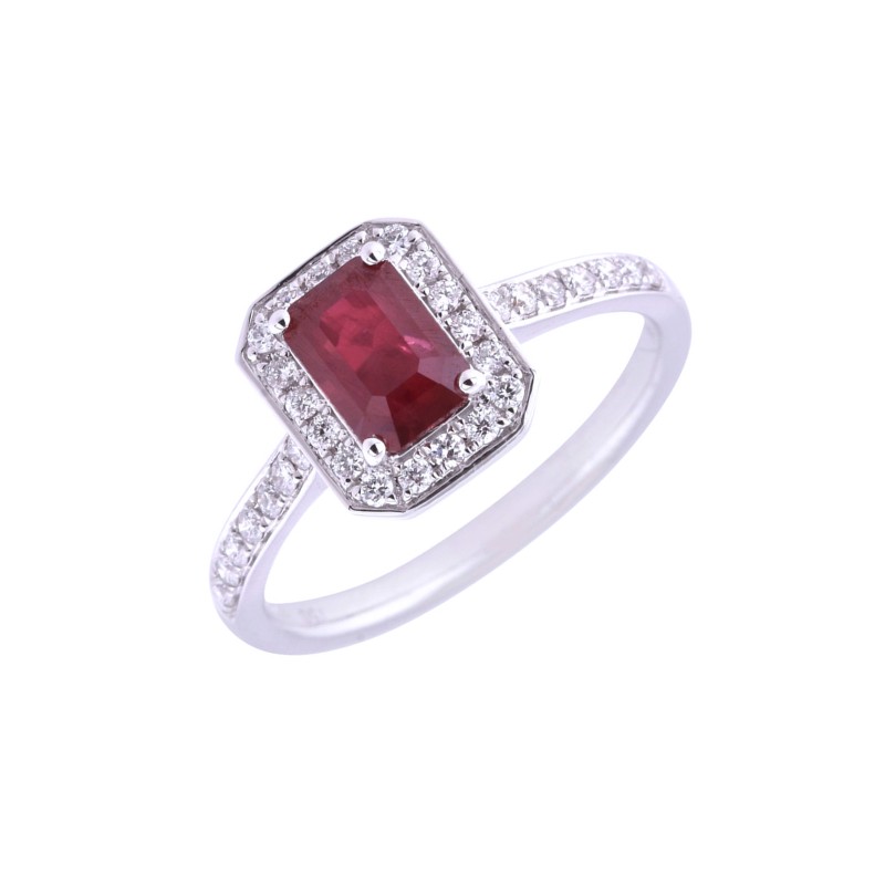 18ct White Gold Octogonal Ruby 1.52ct Diamond Halo Ring