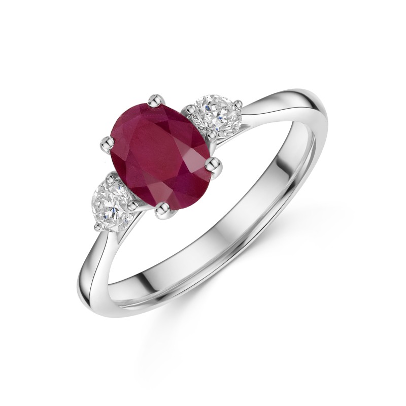 18ct White Gold Oval Cut Ruby and Diamond 2.00ct Three Stone Ring