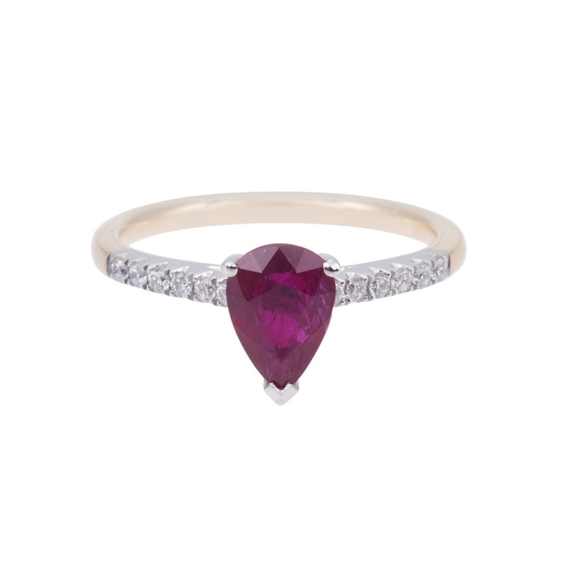 18ct Yelllow Gold 1.06ct Pear Shape Ruby and 0.15ct Diamond Cluster Ring