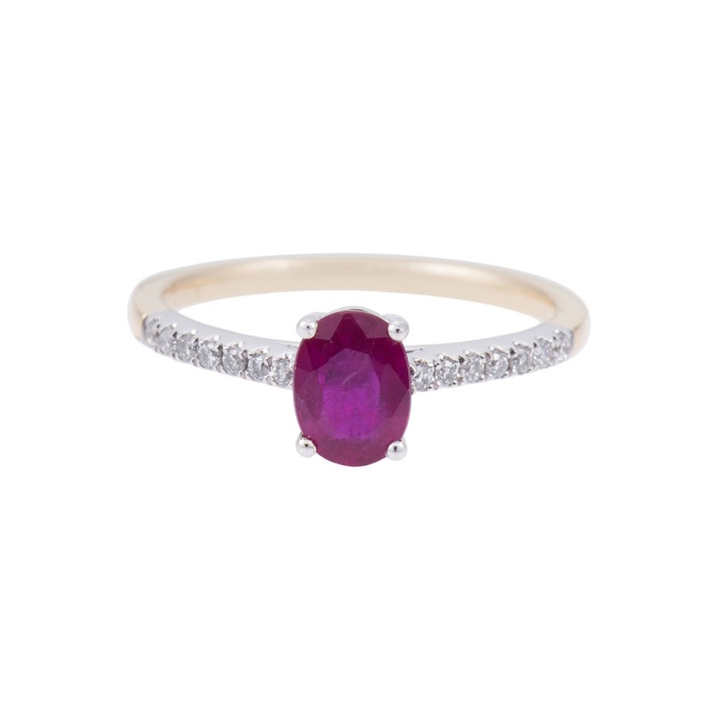 18ct Yellow Gold 1.25ct Oval Cut Ruby and 0.12ct Diamond Cluster Ring