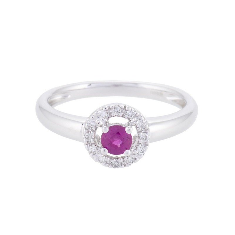9ct White Gold 0.31ct Round Brilliant Ruby and 0.08ct Round Brilliant Diamond Ring