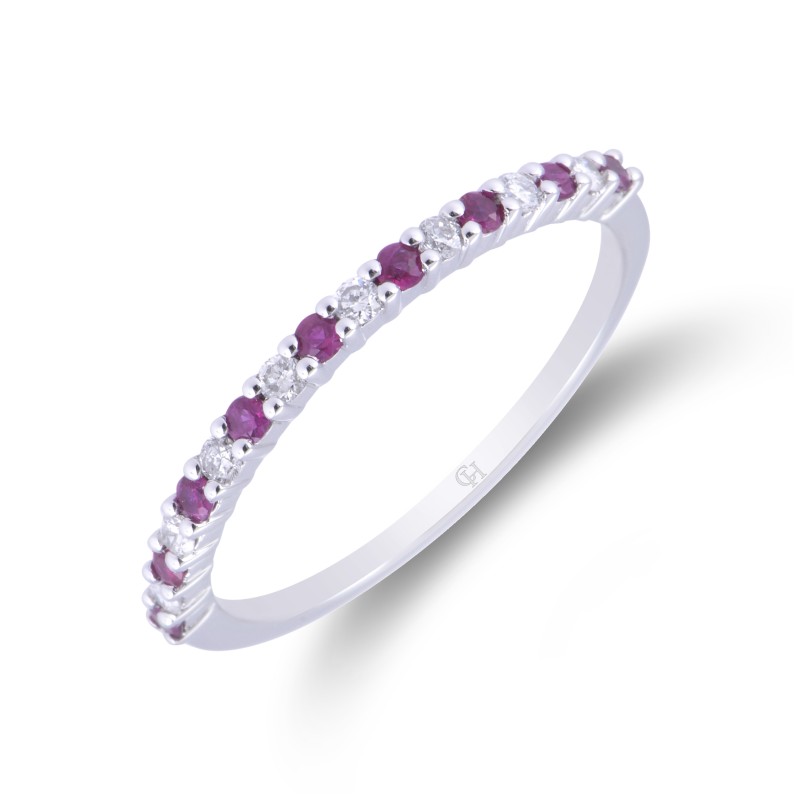 9Ct White Gold Ruby & 0.12Ct Diamond Caw Set Eternity Style Dress Ring