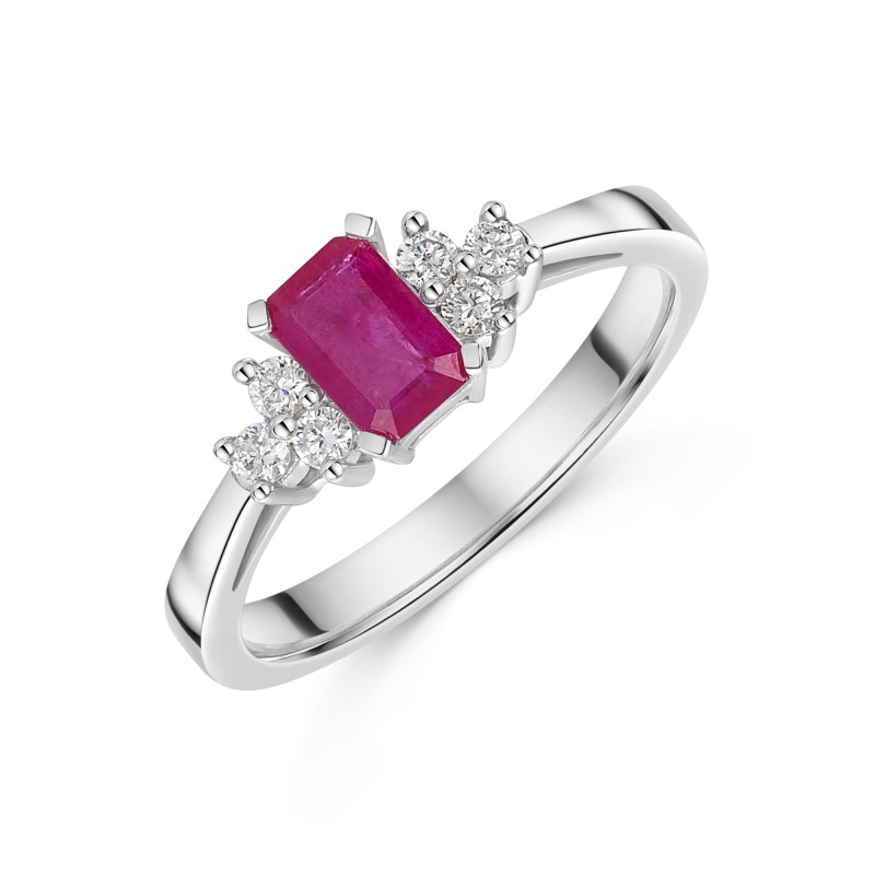 9ct White Gold 0.70ct Emerald Cut Ruby & 0.16ct Diamond Cluster Ring