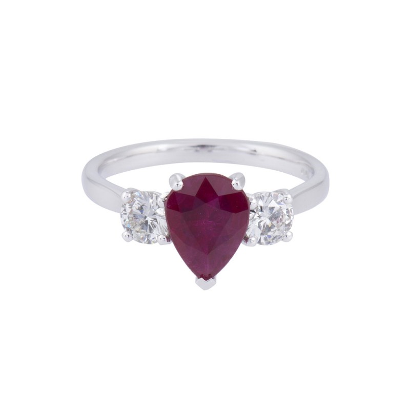 18ct White Gold 1.67ct Pear Shape Ruby and 0.60ct Diamond 3-Stone Ring