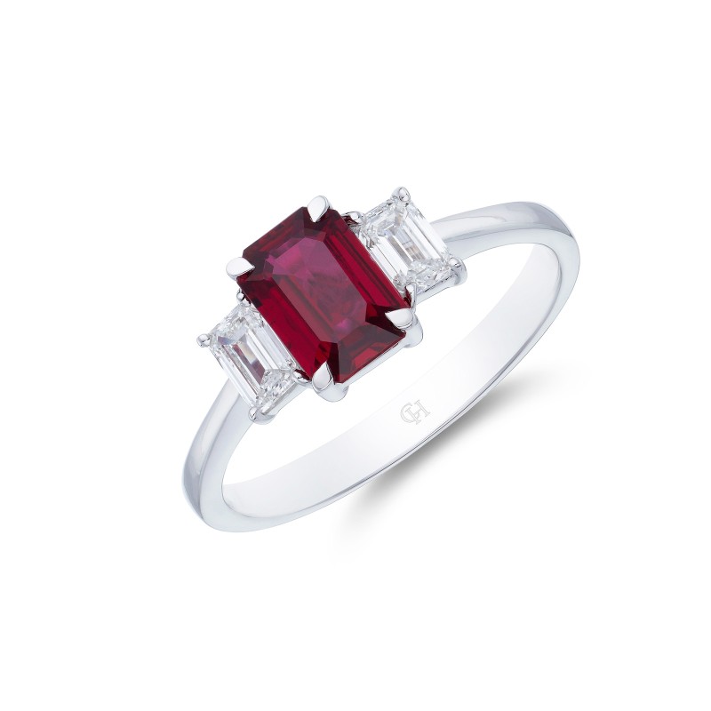 18ct White Gold Emerald Cut 1.07ct Ruby and 0.39ct Diamond Three Stone Ring
