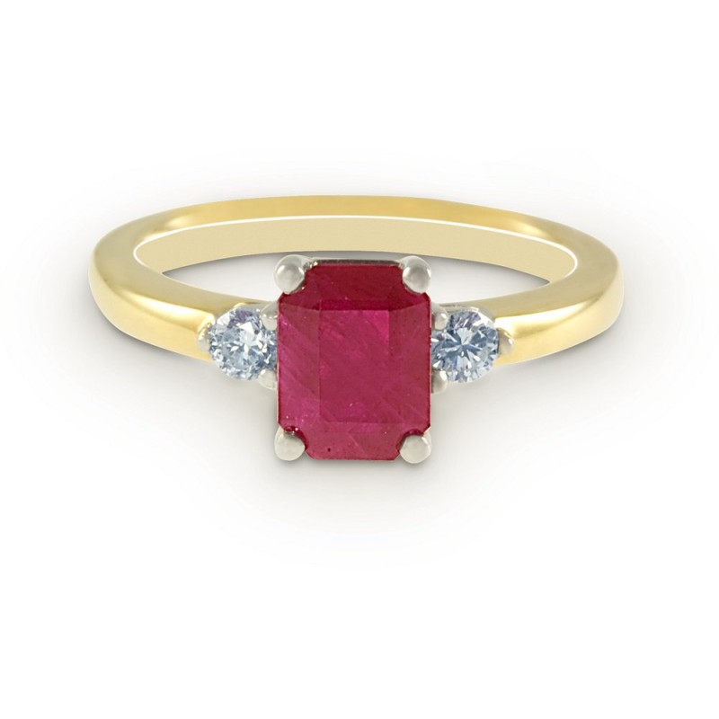 18ct Yellow Gold 2.00ct Emerald Cut Ruby and 0.20ct Diamond 3-Stone Ring