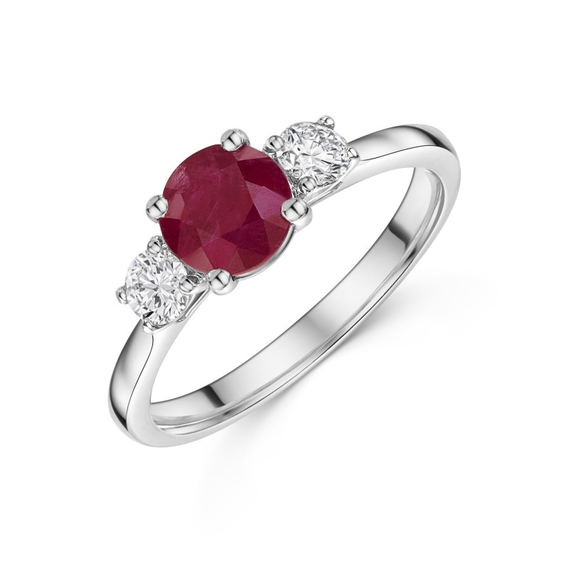 Platinum Round Brilliant 1.28ct Ruby with Diamond 3 Stone Ring 