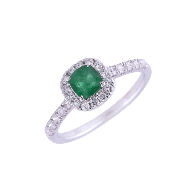 18ct White Gold Cushion Emerald 0.63ct & Diamond 0.50ct Halo Cluster