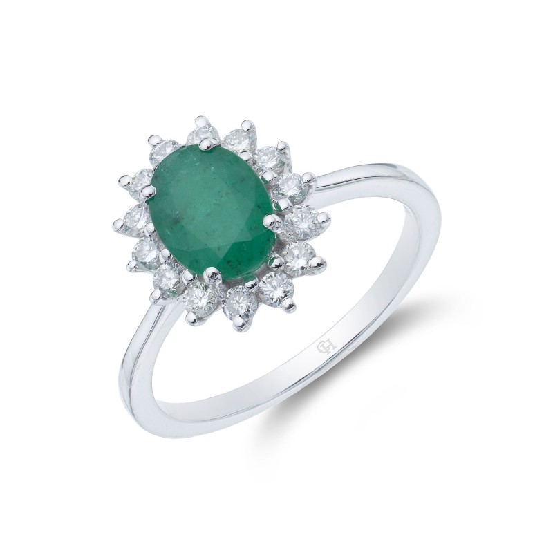 18ct White Gold Oval Cut Emerald and Brilliant Cut Diamond 1.65ct Cluster Ring
