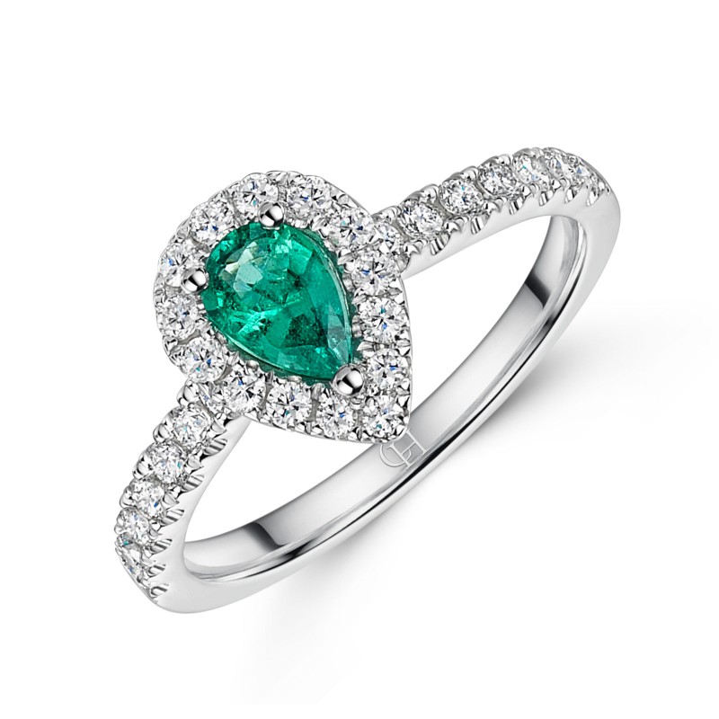 18ct White Gold 0.40ct Diamond And 0.38ct Emerald Pear Halo Solitaire