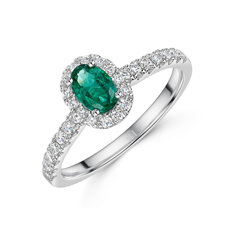 18ct White Gold Oval Cut 0.35ct Emerald and 0.49ct Diamond Halo Ring