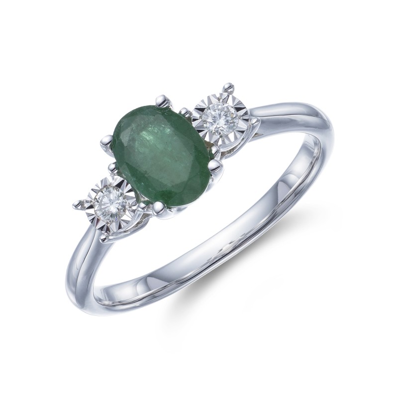 9ct White Gold 0.10ct Diamond and 0.75ct Emerald Ring