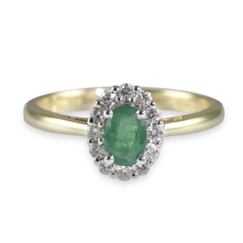 18ct Yellow Gold 0.45ct Oval Cut Emerald and 0.20ct Round Brilliant Diamond Cluster Ring