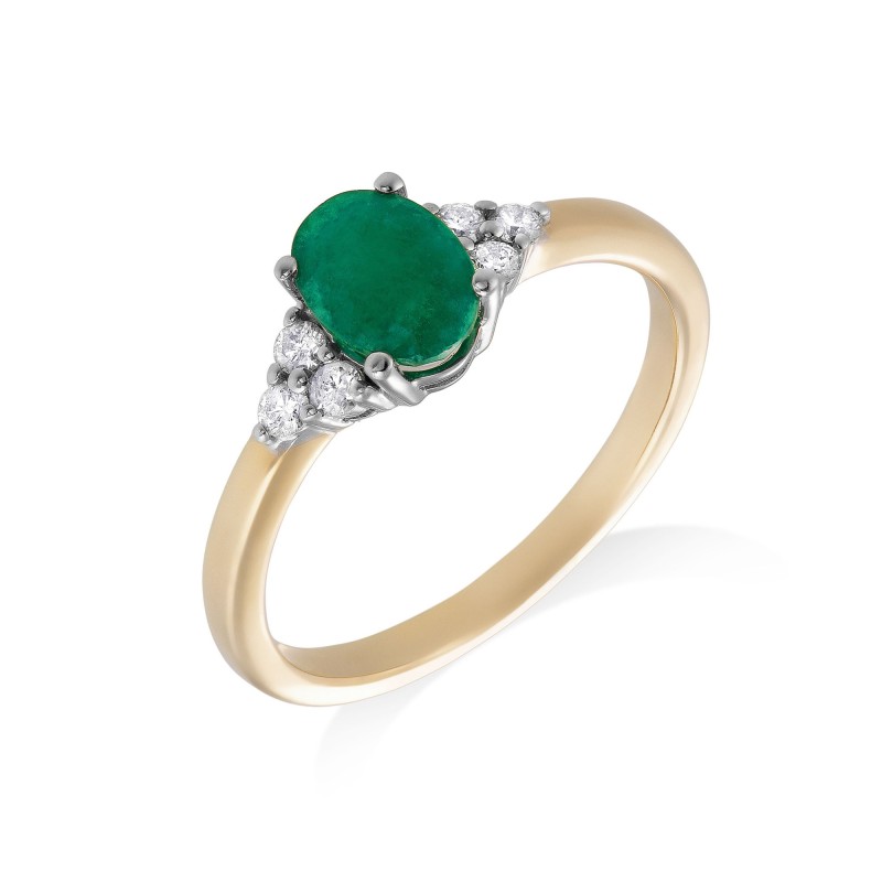 9ct Yellow Gold 0.75ct Oval Emerald and 0.13ct Diamond Cluster Ring