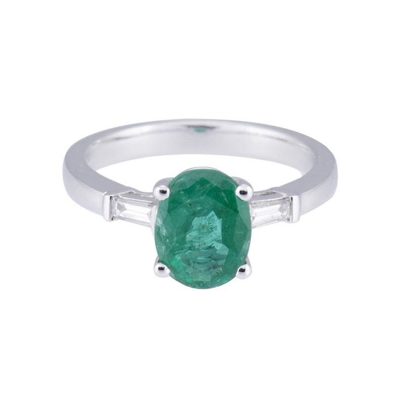 18ct White Gold 1.90ct Oval Emerald Solitaire and Diamond Shoulders Ring