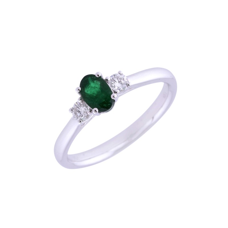 18ct White Gold Oval Emerald 0.45ct & Round Brilliant Diamond 0.17ct 3 Stone