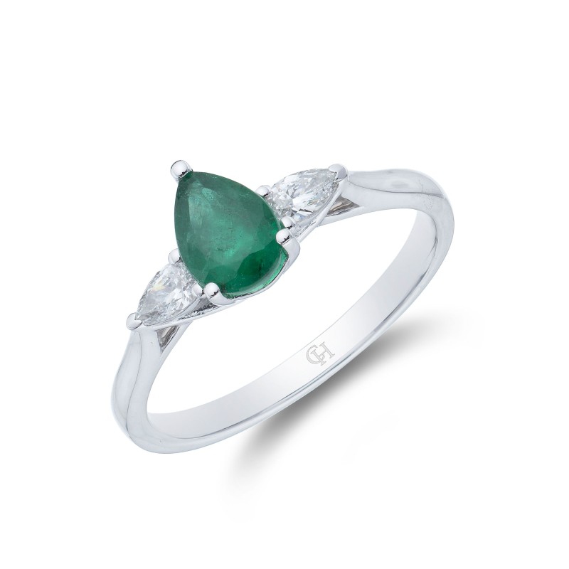 18ct White Gold Pear Cut Emerald and Diamond 0.87ct Three Stone Ring