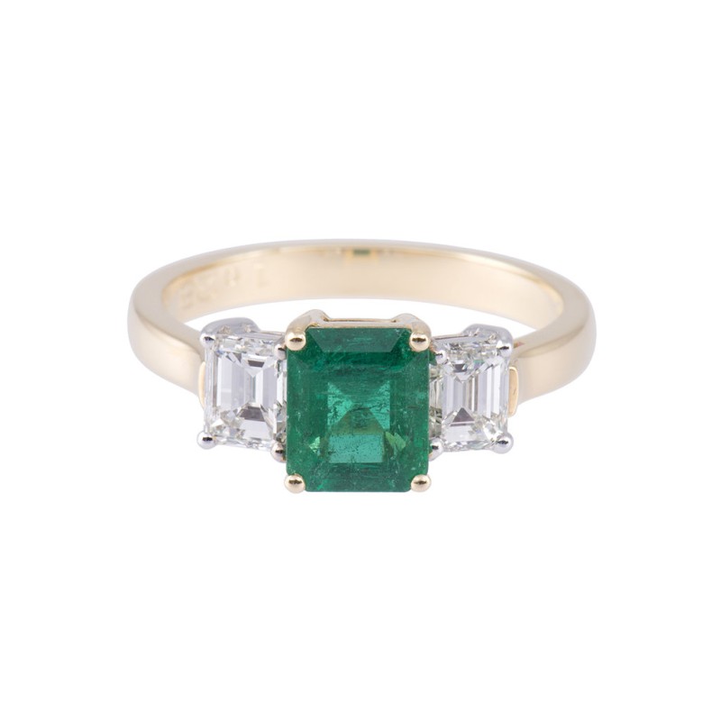 18ct yellow gold 1.28ct emerald and 0.93ct diamond three stone ring