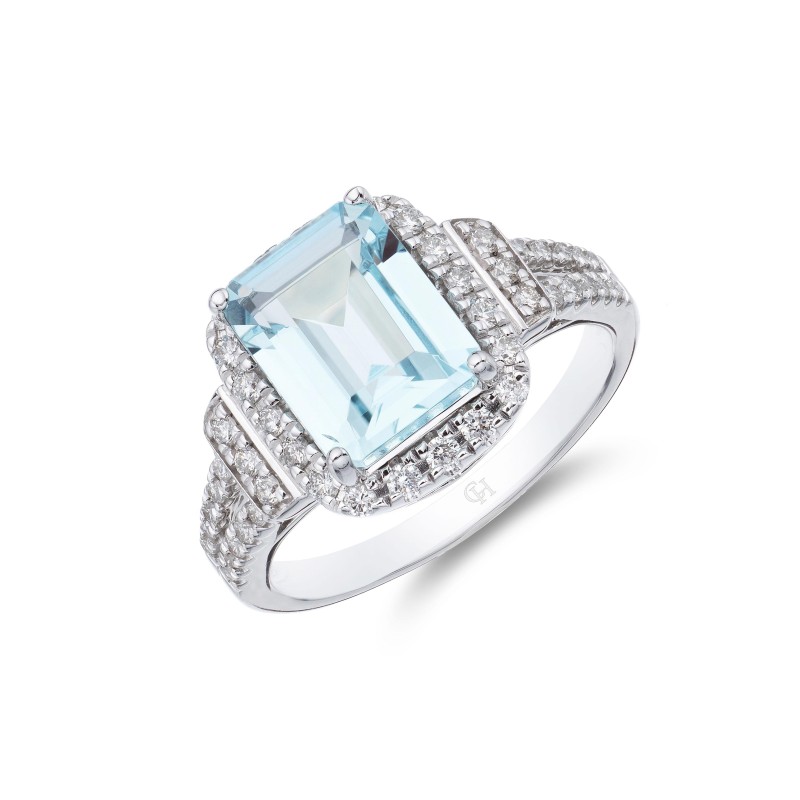 18ct White Gold Brilliant Cut Diamond And Baguette Cut Aquamarine 0.34ct And 2.50ct Cluster Ring