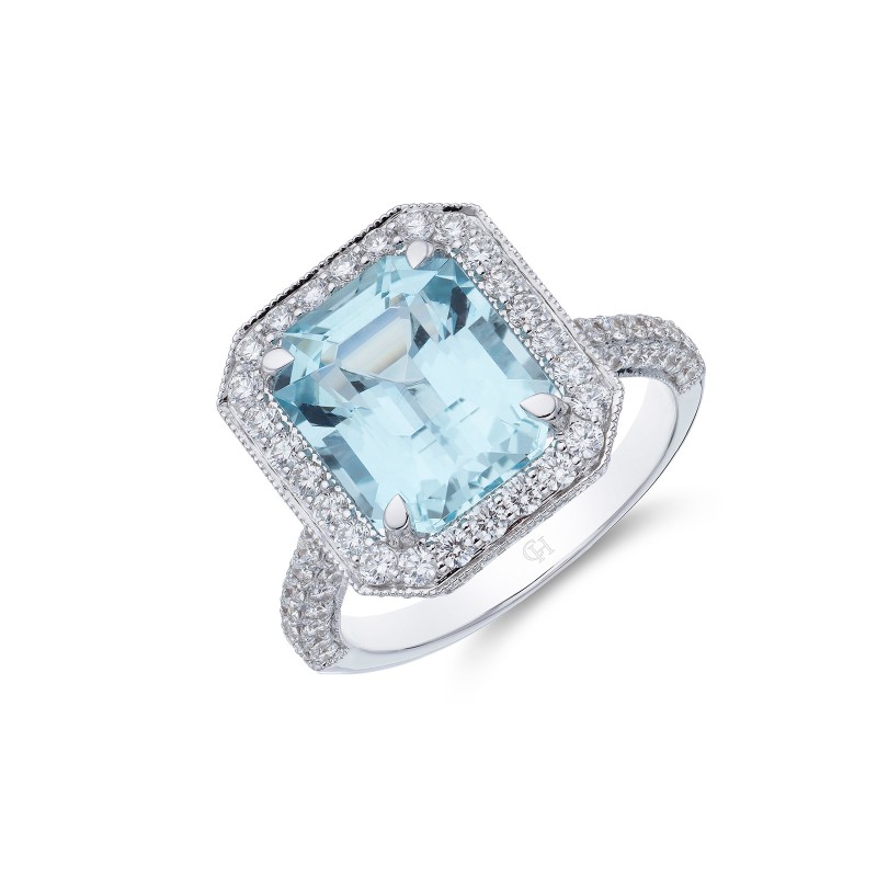 18ct White Gold Cushion Cut 4.23ct Aquamarine and 1.14ct Diamond Halo Ring