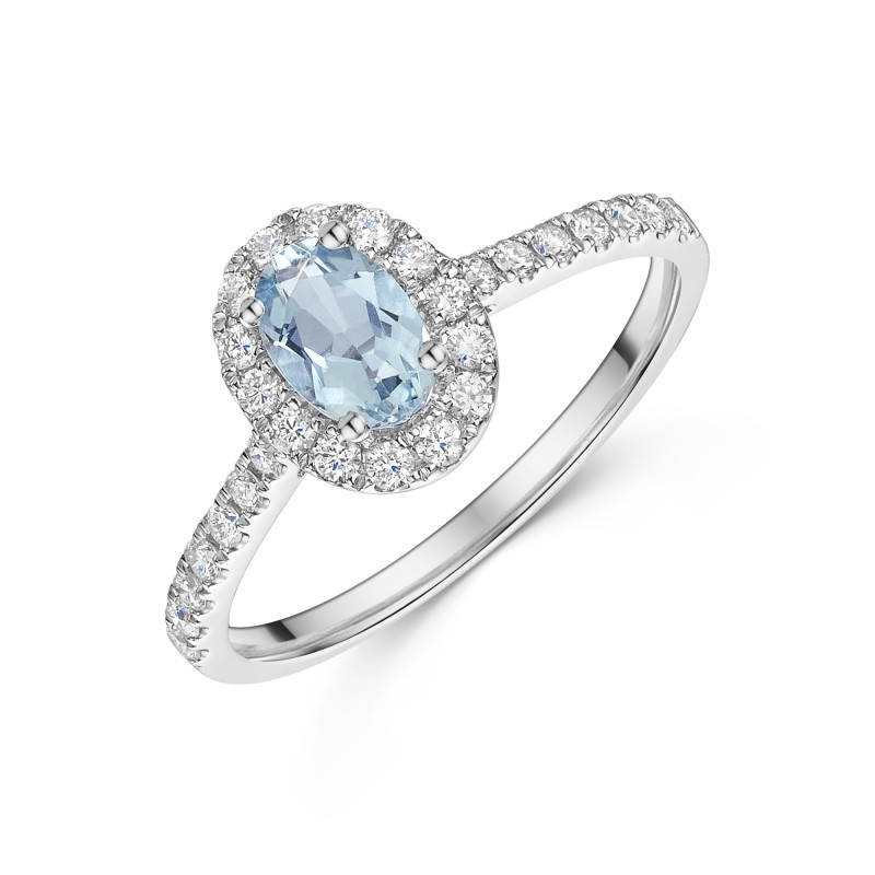 18ct White Gold Oval Cut 0.40ct Aquamarine & Diamond Halo Ring with Diamond Shoulders