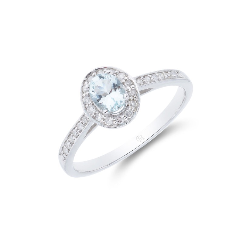 9ct White Gold Oval Cut Aquamarine 0.53ct Diamond Halo Ring