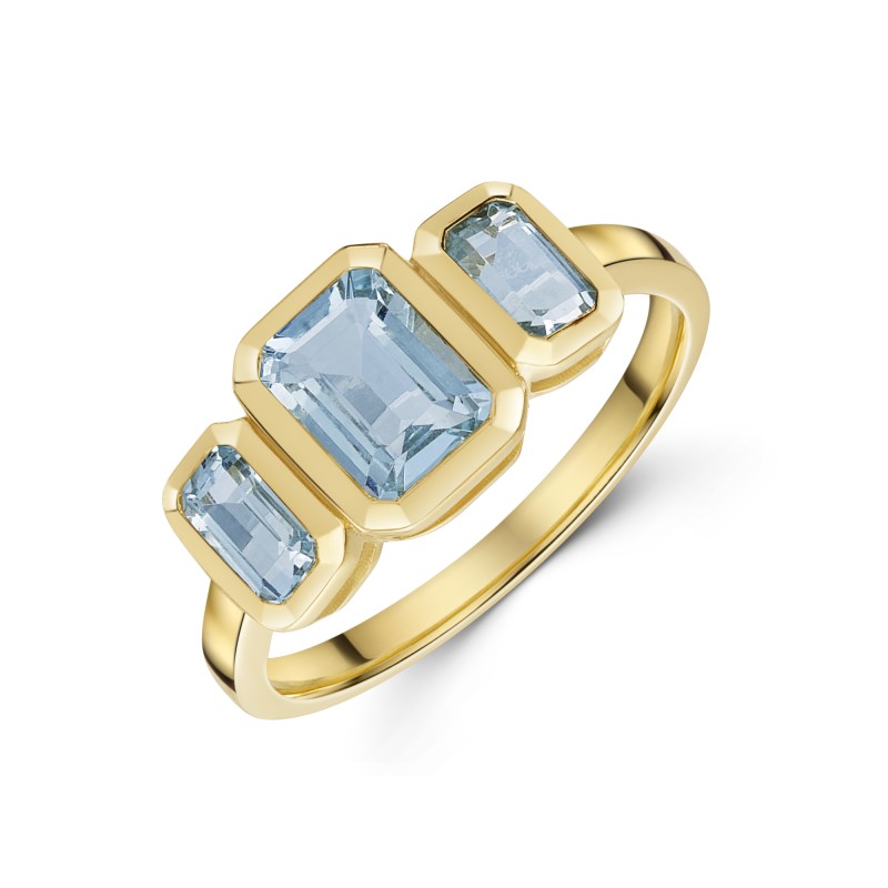 9ct Yellow Gold 1.15ct Octagonal Aquamarine Bezel Set 3 Stone Ring
