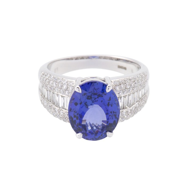 18ct White Gold 5.57ct Oval Tanzanite with 1.00ct Diamond Shoulders Ring