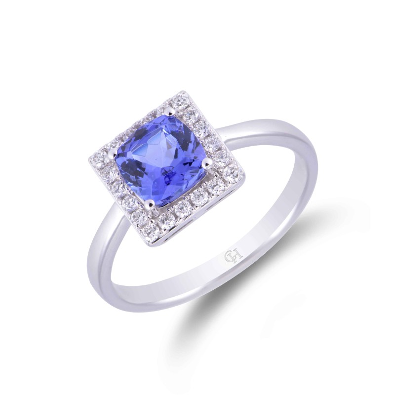 18ct White Gold Cushion Cut 6mm Tanzanite & Round Brilliant0.18ct Diamond Cluster Ring