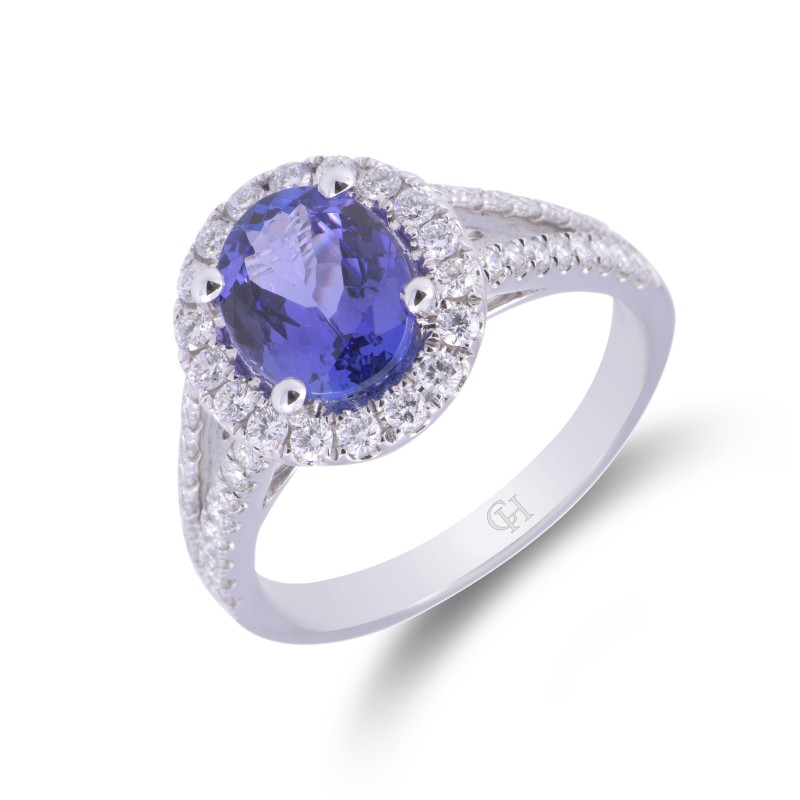 18ct White Gold Cushion Tanzanite 2.07ct & Diamond 0.63ct Halo Cluster Ring With Split Diamond Shoulders