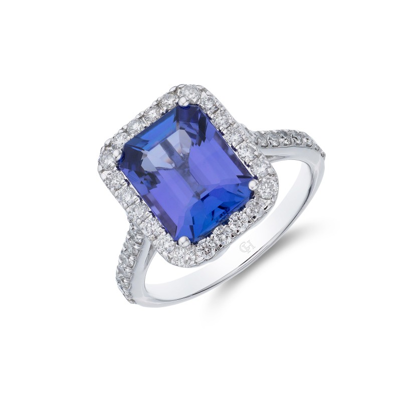 Platinum Emerald Cut 4.11ct Tanzanite and Diamond Halo Ring
