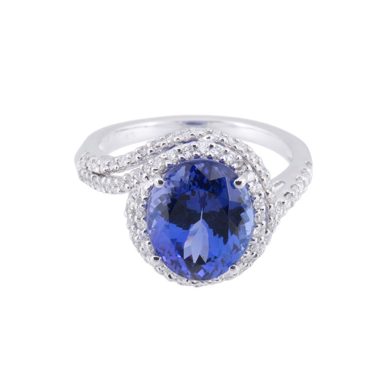14ct oval tanzanite 4.43ct and round brilliant diamond twist cluster ring