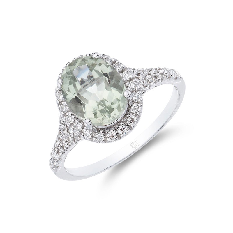 18ct White Gold Oval Green Amethyst and Diamond Halo 2.23ct Halo Ring