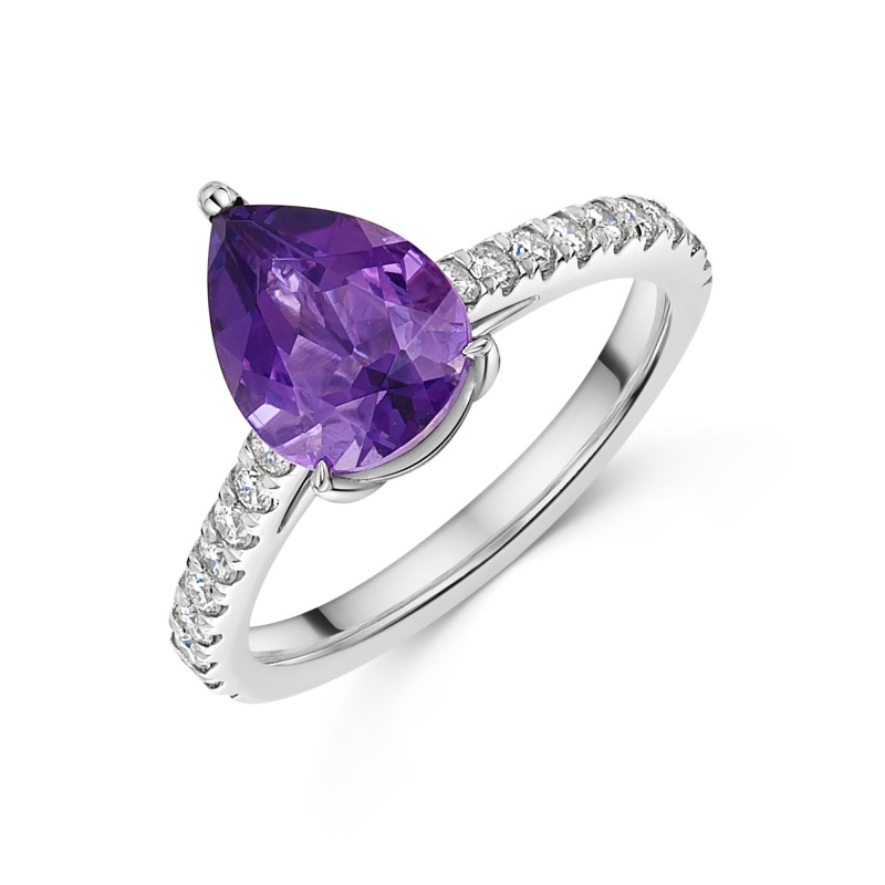 Platinum Pear Cut Amethyst with Diamond Shoulders 1.75ct Ring