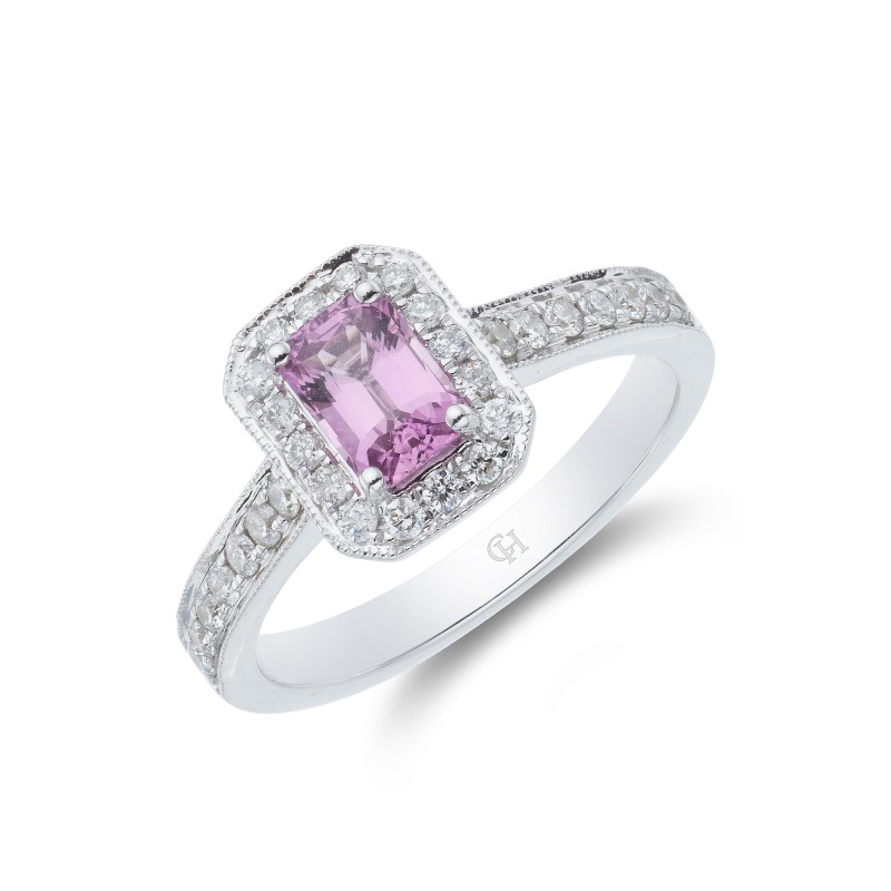 18ct White Gold Emerald Cut Pink Sapphire 0.92ct Diamond Halo Ring